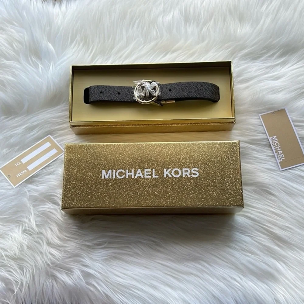 Michael Kors Women's Brown Reversible Pave Logo Belt in Box. NWT